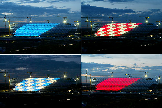 Наприклад, коли грає команда «Баварія», освітлення арени стає червоним, коли на поле «Мюнхен-1860 - синім, а під час матчів збірної забарвлюється в білий колір