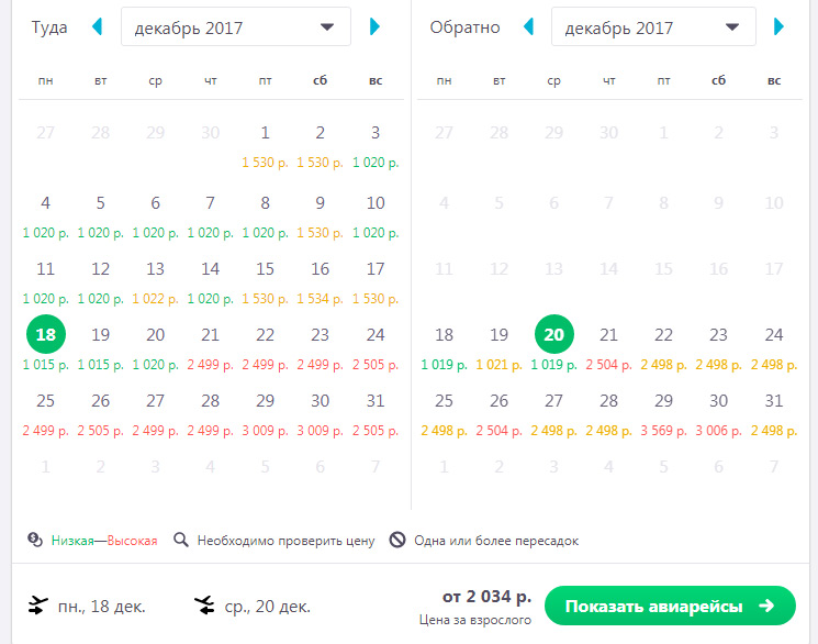 Далі тиснемо на ціну і дивимося, в які місяці і дати продаються авіаквитки дешево: