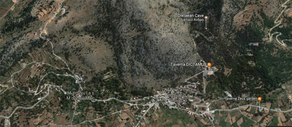 Розташування на мапі печери Зевса щодо паркування та села Псіхро внизу: