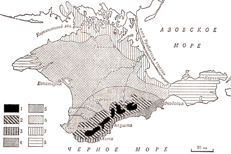 Ландшафтна схема Криму   1 - карстова верхова поверхню Яйли;   2 - гірські схили яйли з лісовим ландшафтом;   3 - середземноморський ландшафт пбк;   4 - східна частина південного узбережжя (середземноморський ландшафт);   5 - південний лісостеповій та лісо-чагарниковий ландшафти куестових гряд;   6 - степовий Крим, земледельчески освоєний рівнинний ландшафт;   7 - Присивашье, сухостепной ландшафт з фрагментами напівпустелі;   8 - Тарханкутський півострів і Керченський півострів, холмисто-степовий ландшафт