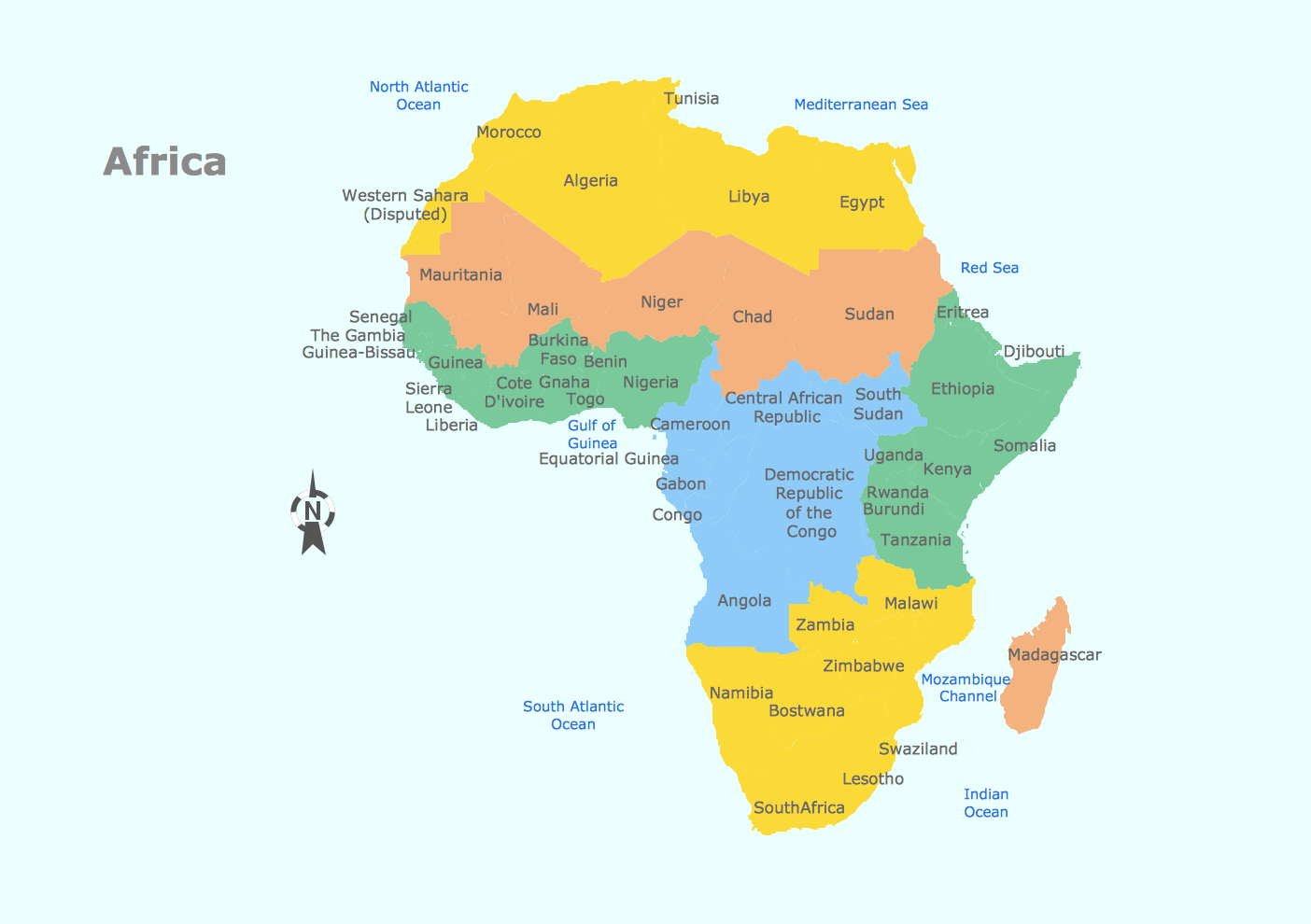 В Африке 54 полностью признанных суверенных государства, 9 территорий и два де-факто независимых государства с ограниченным признанием или без такового